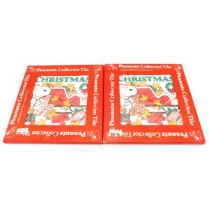 Set of 2 Vintage Japan Christmas Peanuts Collector Tiles Snoopy Woodstock Sleigh